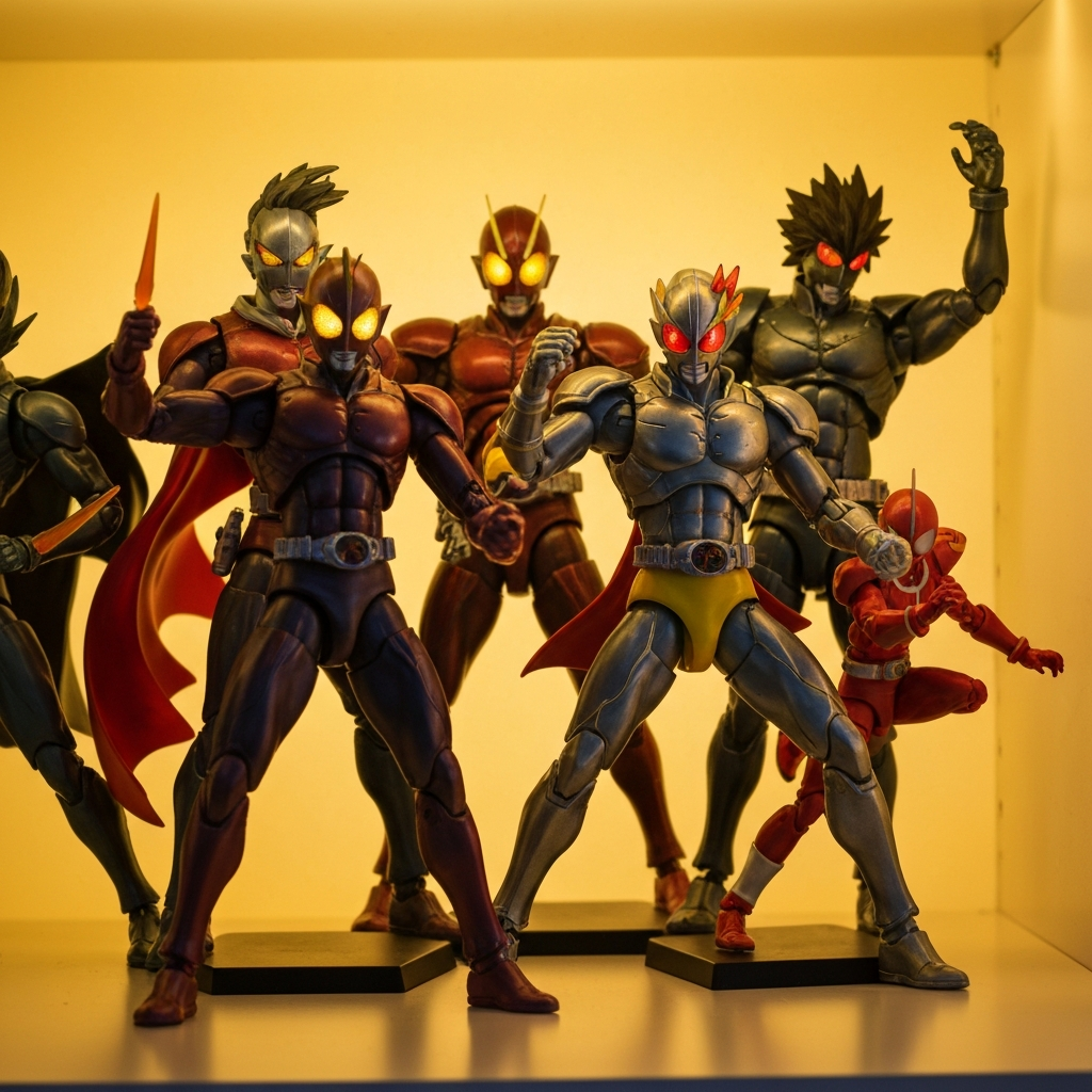 Anime hero action figures collection on shelf