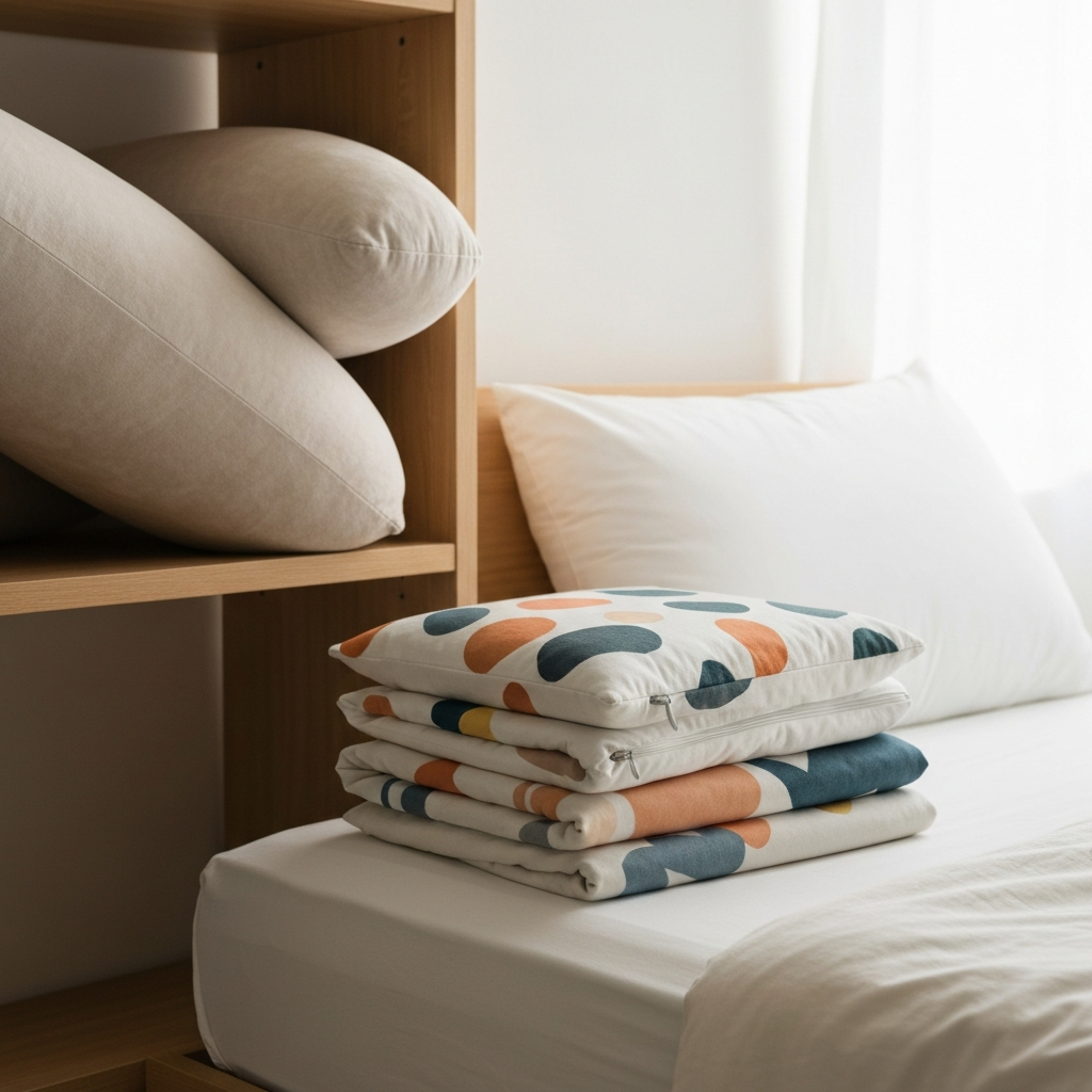 Long plush body pillows and folded printed fabric covers on a tidy bedroom shelf in soft daylight