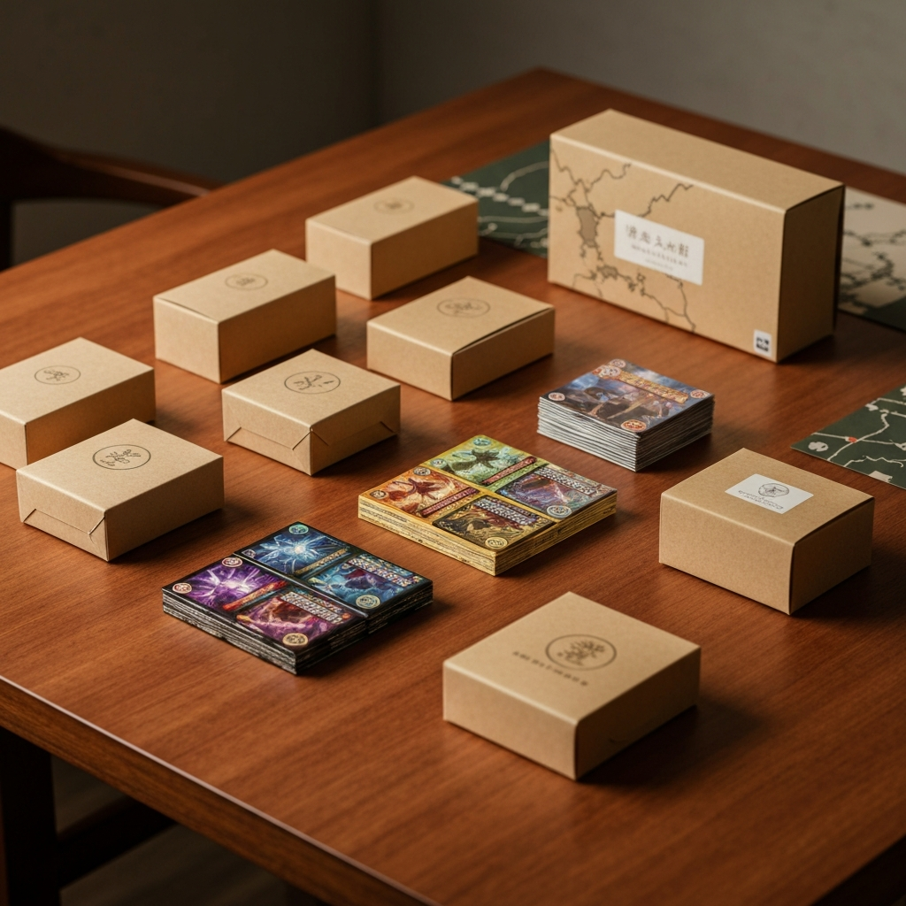 Flat lay of Japanese trading card booster packs and shipping boxes