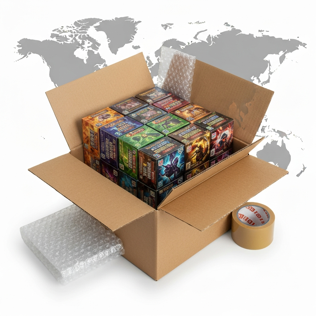 Packed international shipment of trading card booster boxes ready for export from Japan