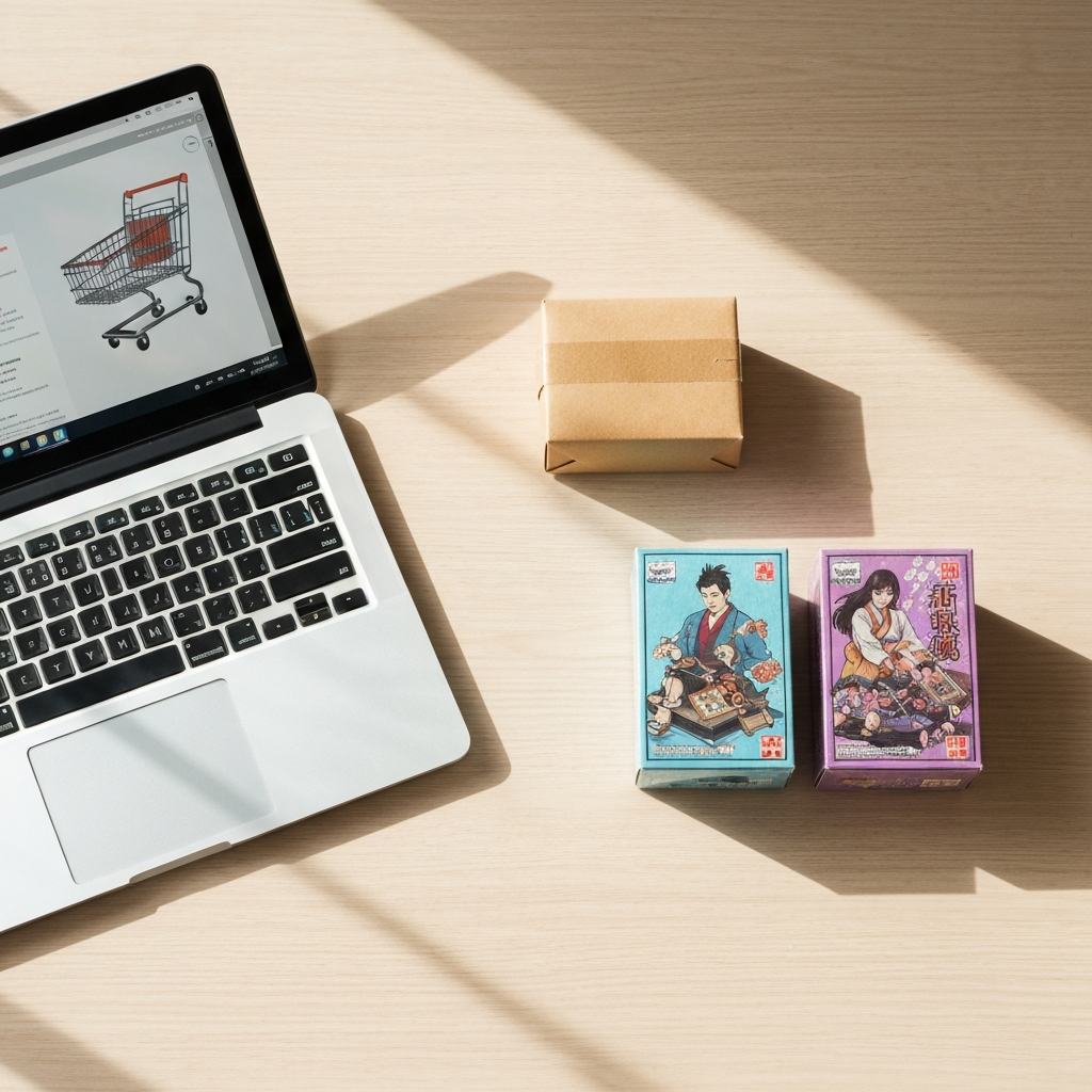 Laptop with shopping cart, parcel and Japanese collectible boxes on a desk