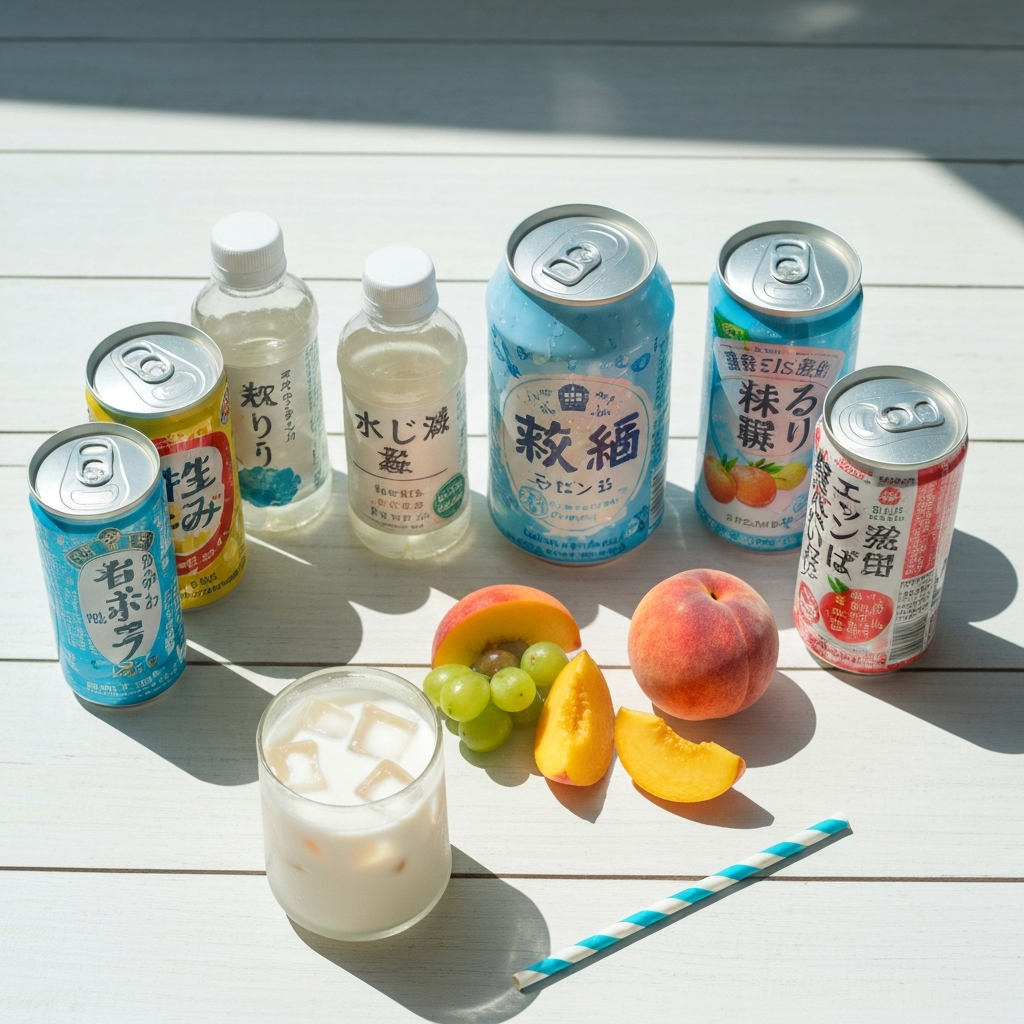 Flat-lay of Japanese soft drinks and a frosted glass of milky drink over ice