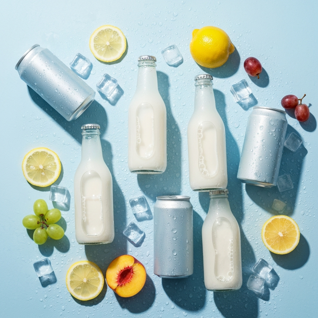 Chilled Japanese milky-white carbonated soda bottles and cans with condensation and fruit
