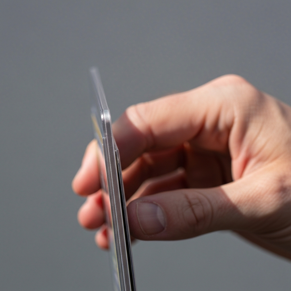 Collector inspecting corners and edges of a graded trading card