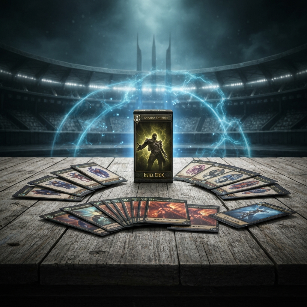 Japanese trading card booster packs and deck on a table with dramatic dueling arena lighting