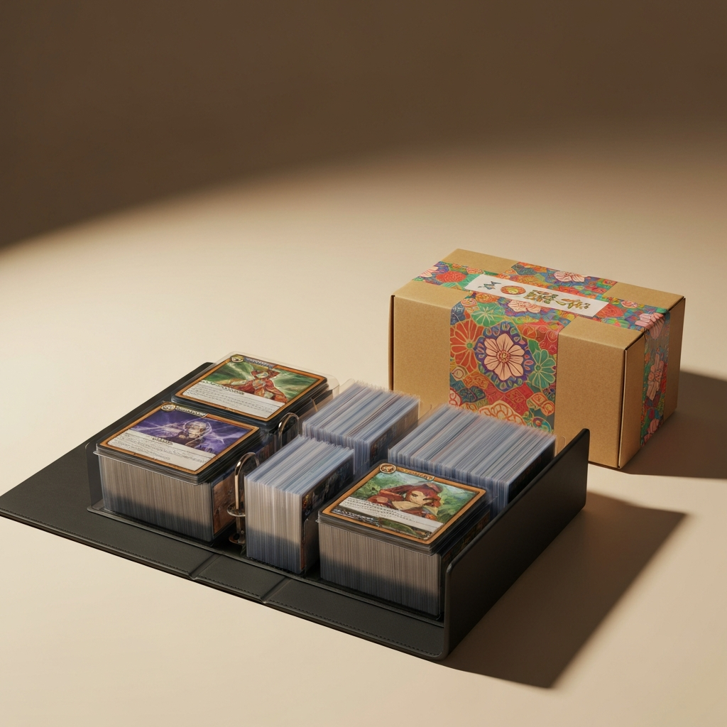 Sleeved trading card collection in a binder next to a shipping box ready for international delivery