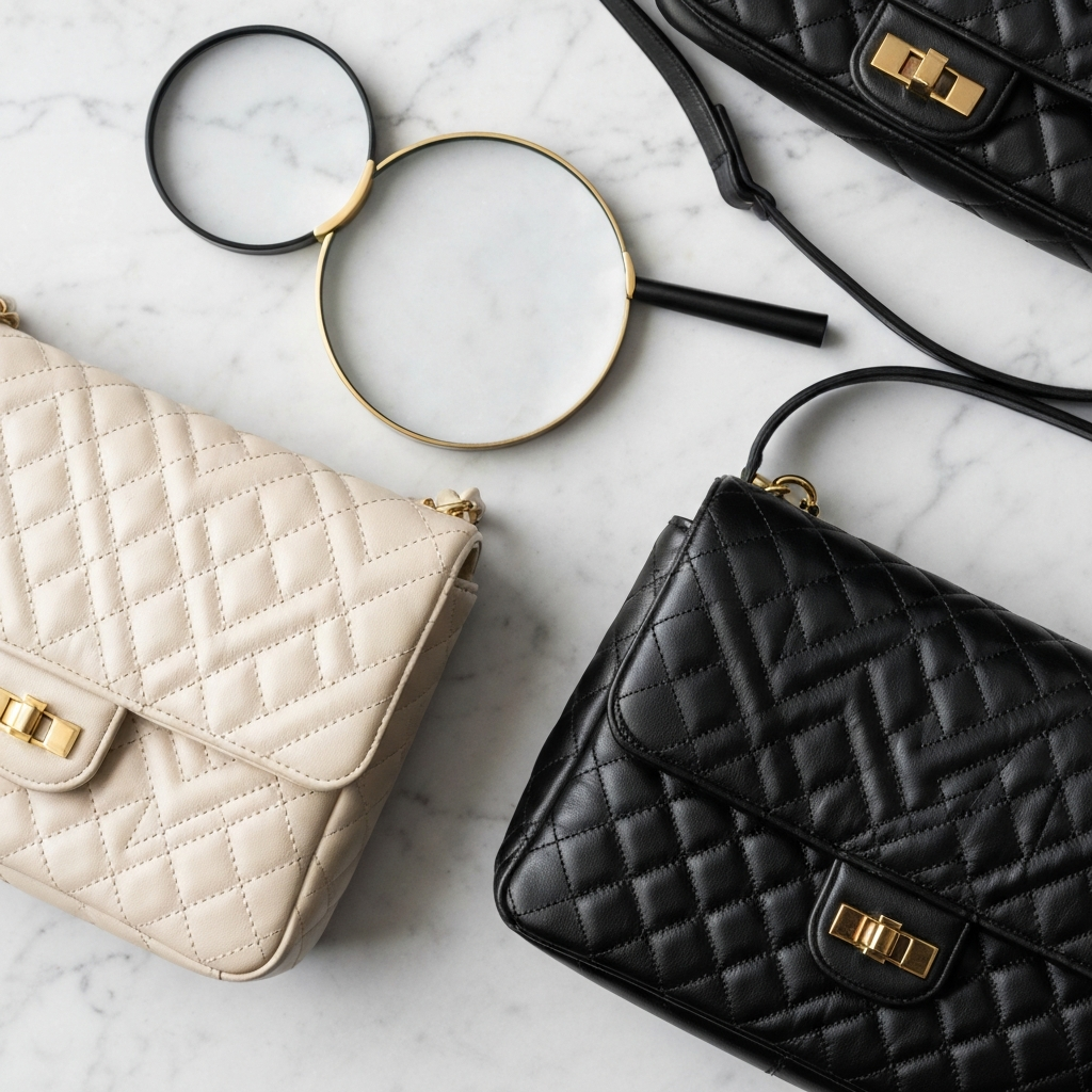 Pre-owned luxury designer handbags with authentication tools on marble