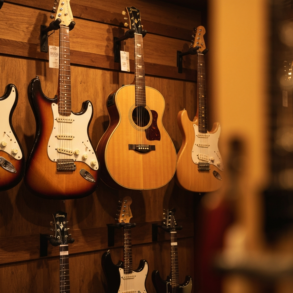 Vintage and new Japanese guitars displayed in a boutique shop