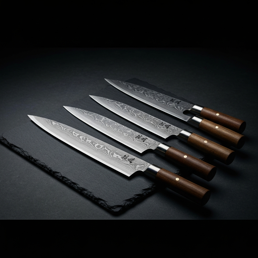 Premium Japanese chef kitchen knives with damascus steel on slate