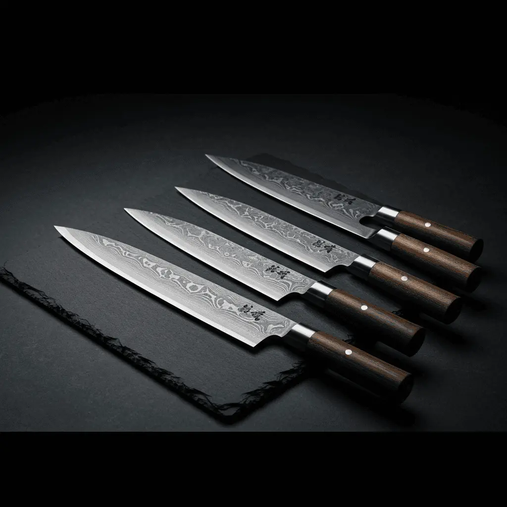 Premium Japanese chef kitchen knives with damascus steel on slate