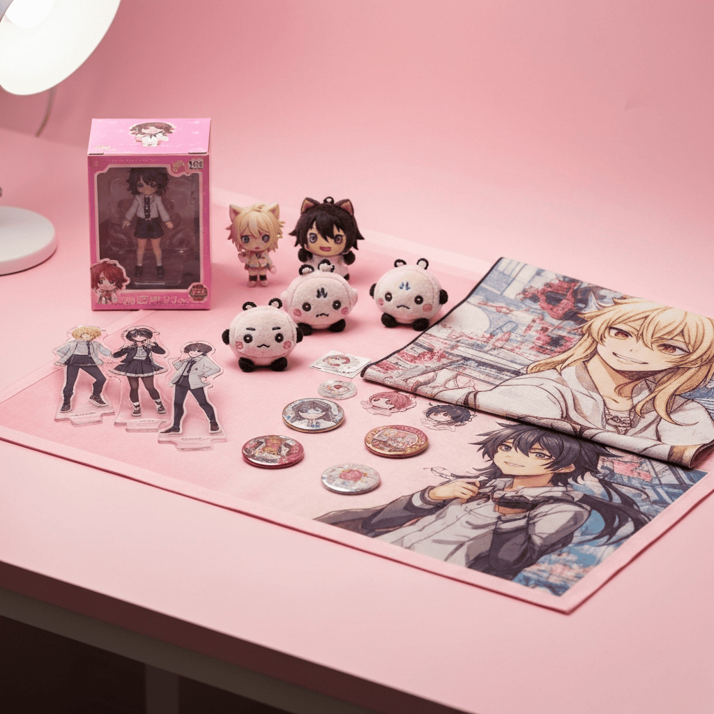 Collection of Japanese VTuber idol merchandise flat-lay on pastel desk