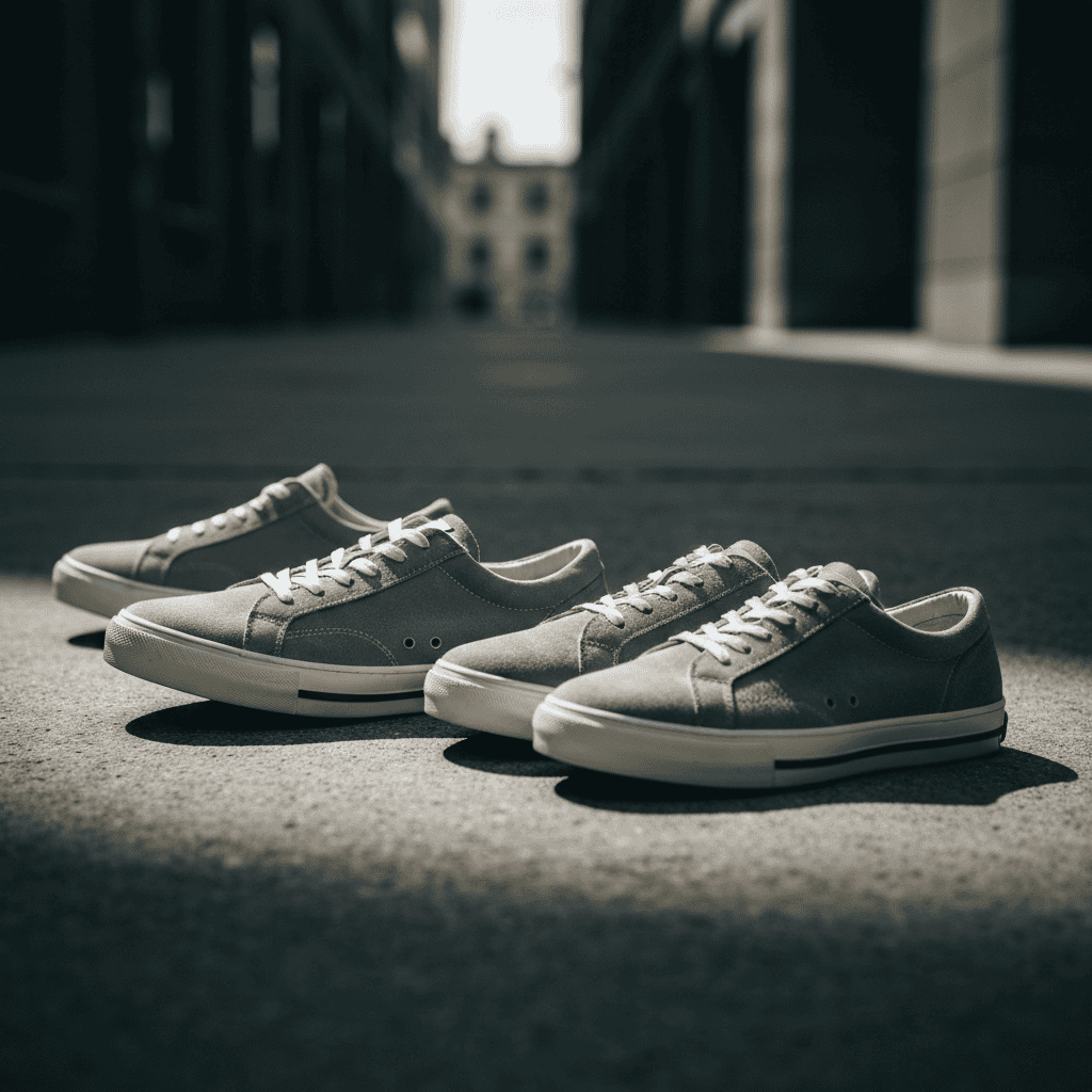 Three pairs of premium Japanese sneakers on concrete