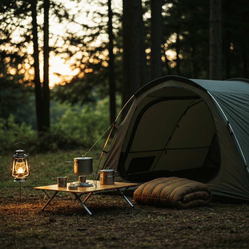 Premium Japanese camping tent and gear at a dusk campsite