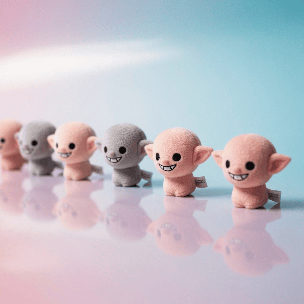 Row of plush-vinyl blind-box collectible figures on pastel