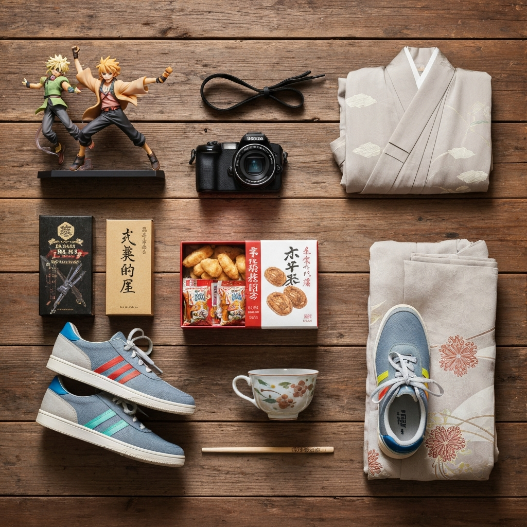 Assorted Japanese collectibles and goods top-down flat lay