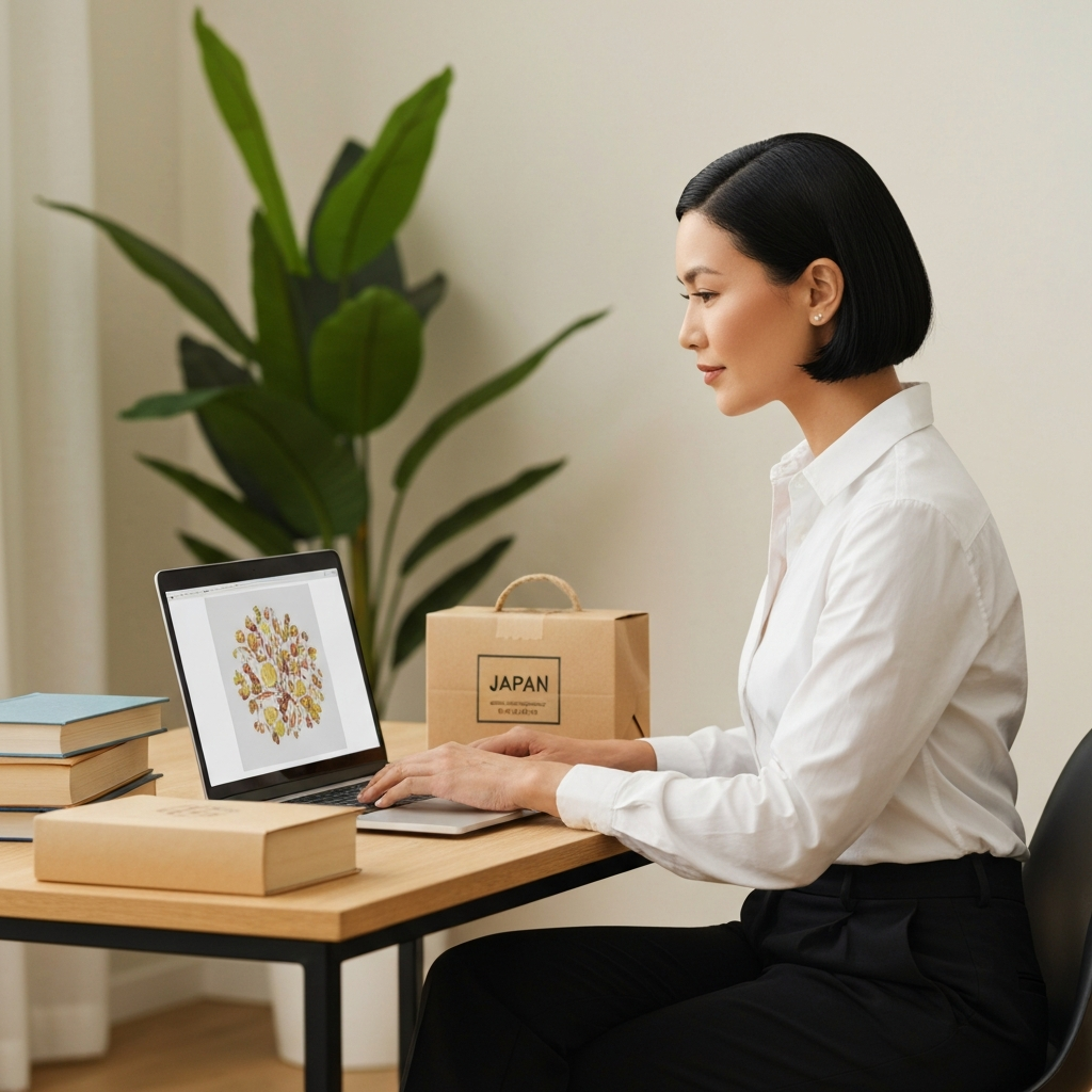 Person shopping online from Japan with parcels on a desk