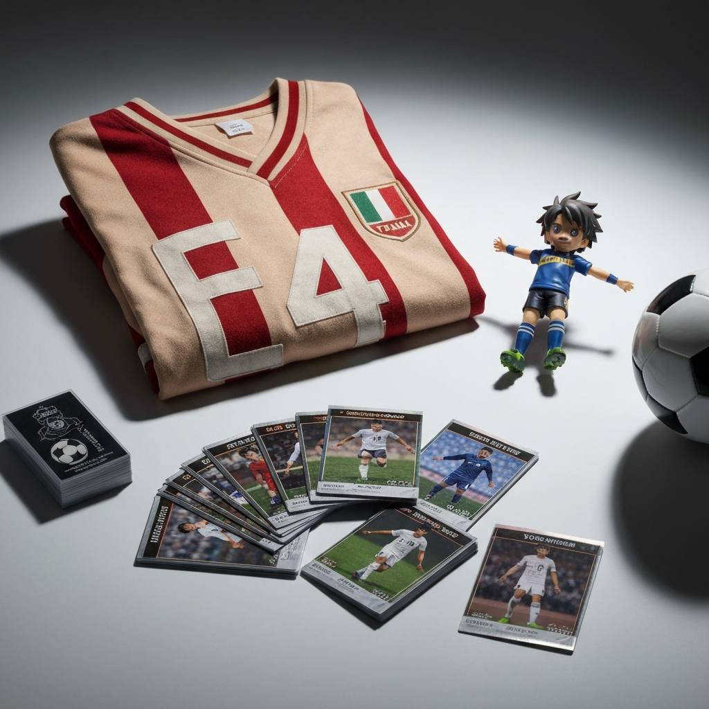 Japanese soccer collectibles jersey trading cards and figure flat lay