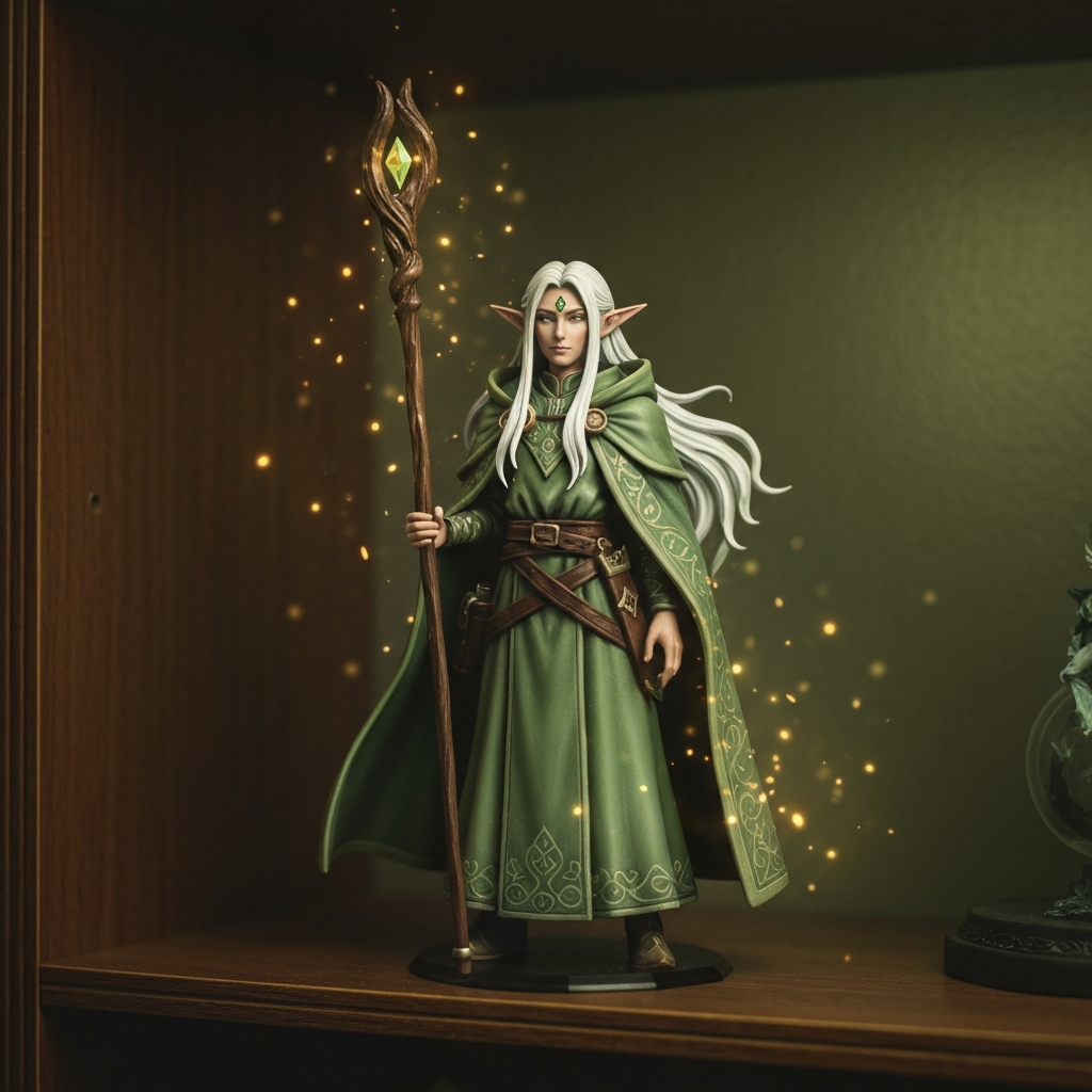 Fantasy elf mage collectible figure soft magical lighting