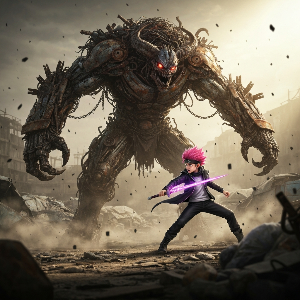 Dark fantasy anime scene inspired by Gachiakuta, a boy battling a trash monster in a junkyard