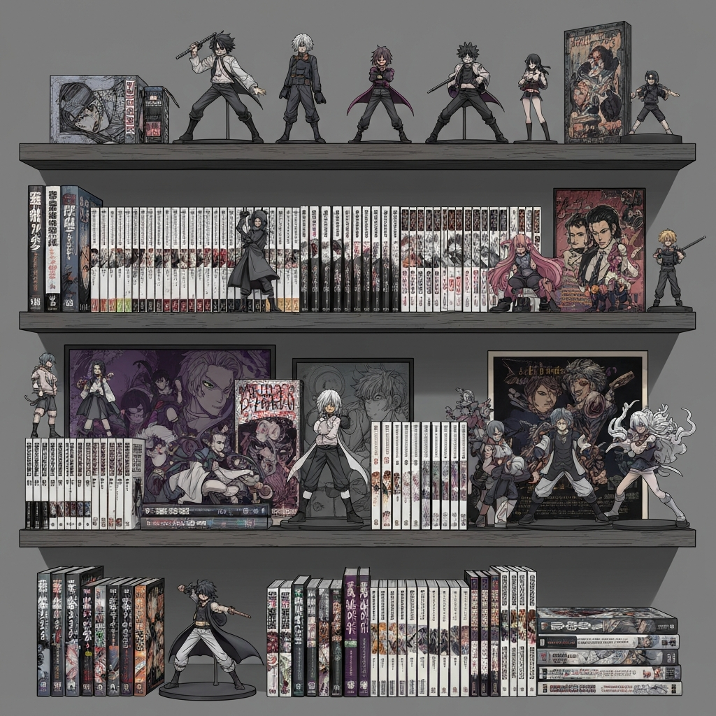 Collector's display of anime figures and manga volumes inspired by Gachiakuta merchandise