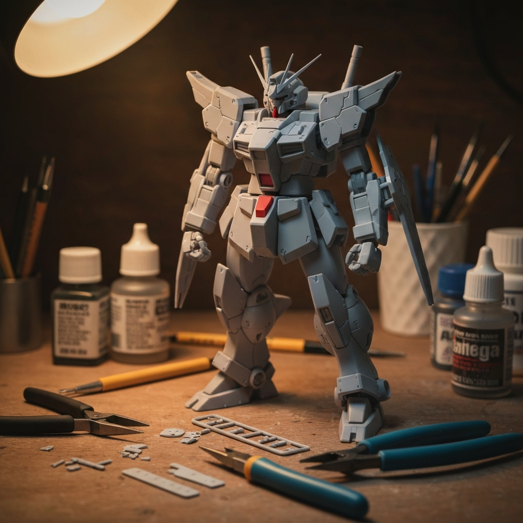 Plastic mecha robot model kit on hobby workbench