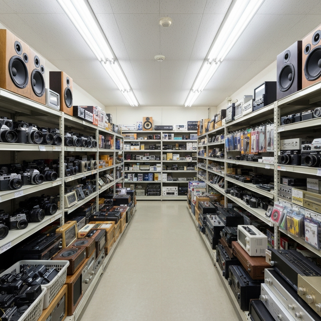 Japanese second-hand store shelves used electronics cameras