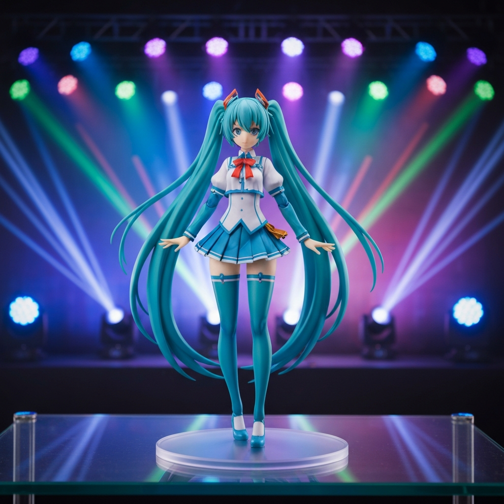 Teal-haired virtual idol collectible figure on display shelf with concert lighting