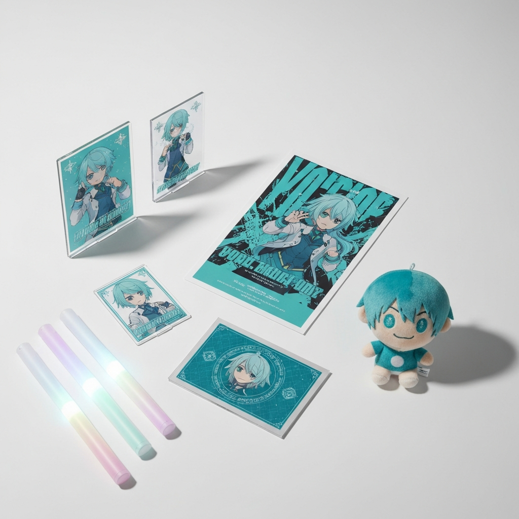 Flatlay of vocaloid-style concert merchandise including plush, poster, and acrylic stands