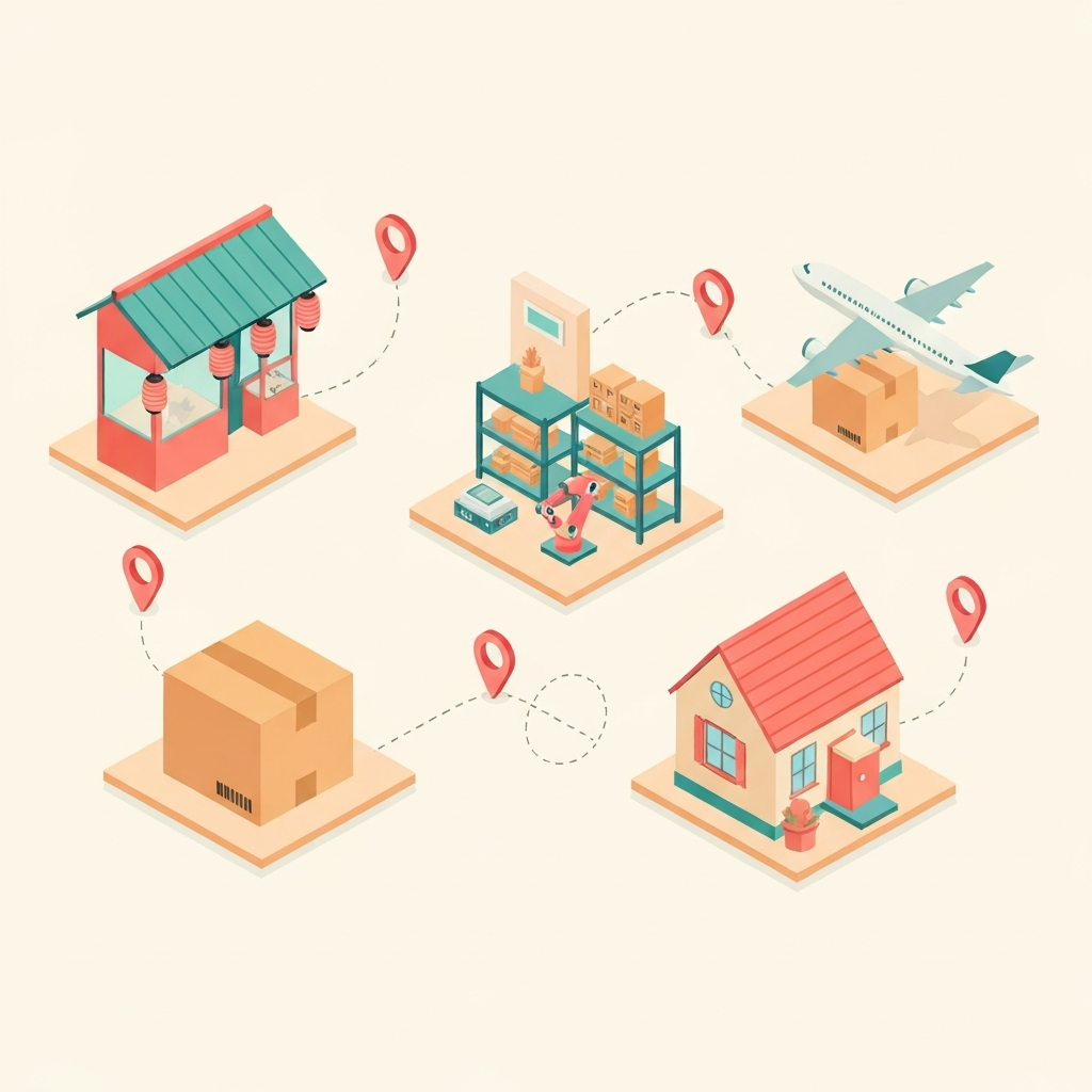 Isometric journey of a parcel from a Japanese shop to a warehouse to an airplane to a home doorstep