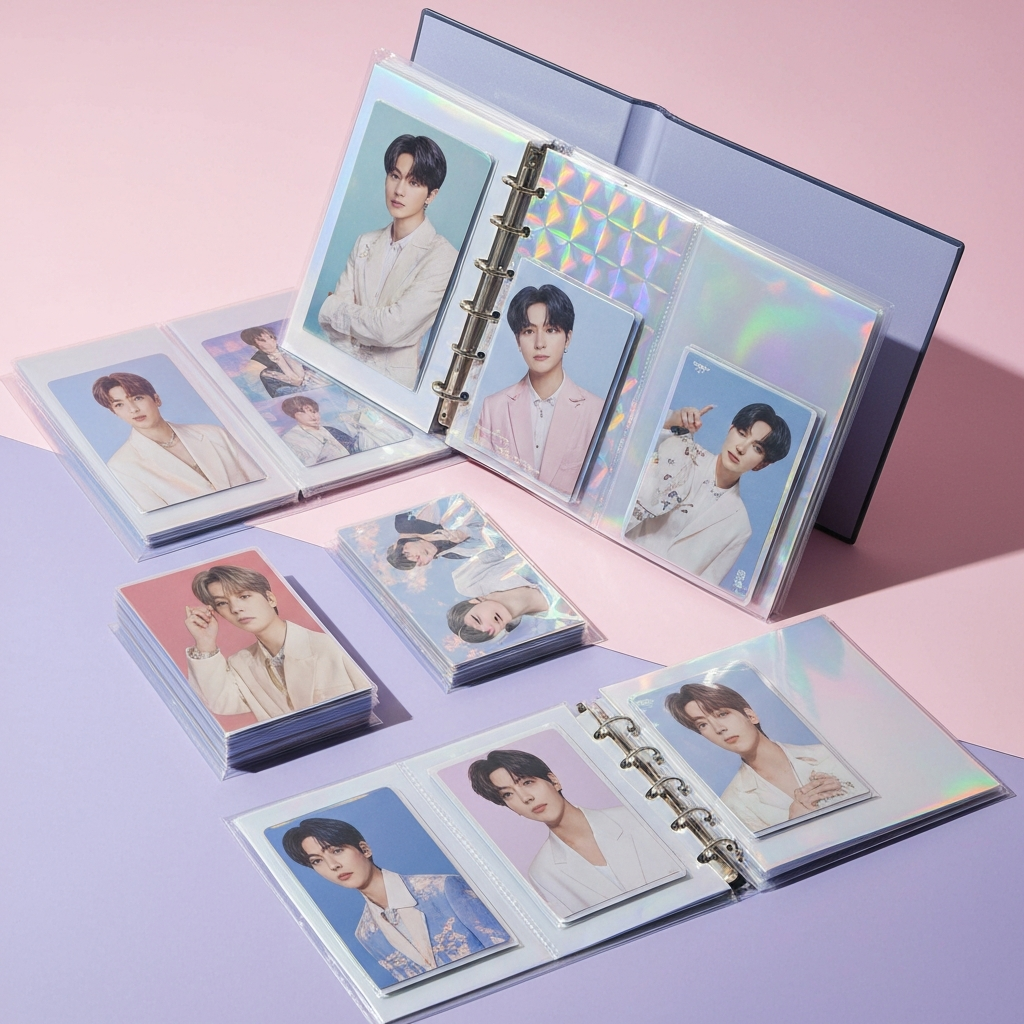 Aesthetic flatlay of K-pop photocard collection in holographic sleeves and binder pages