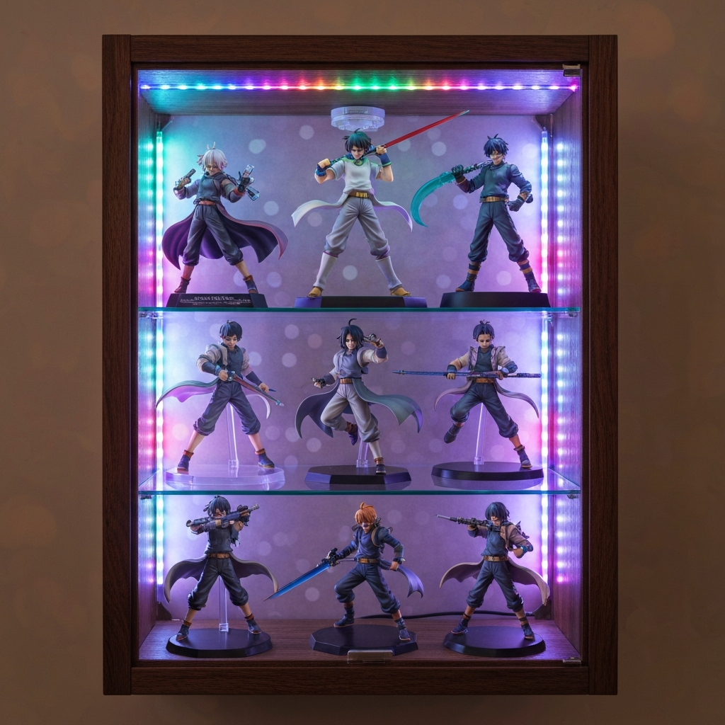 Premium anime action figures displayed in a lit collector cabinet