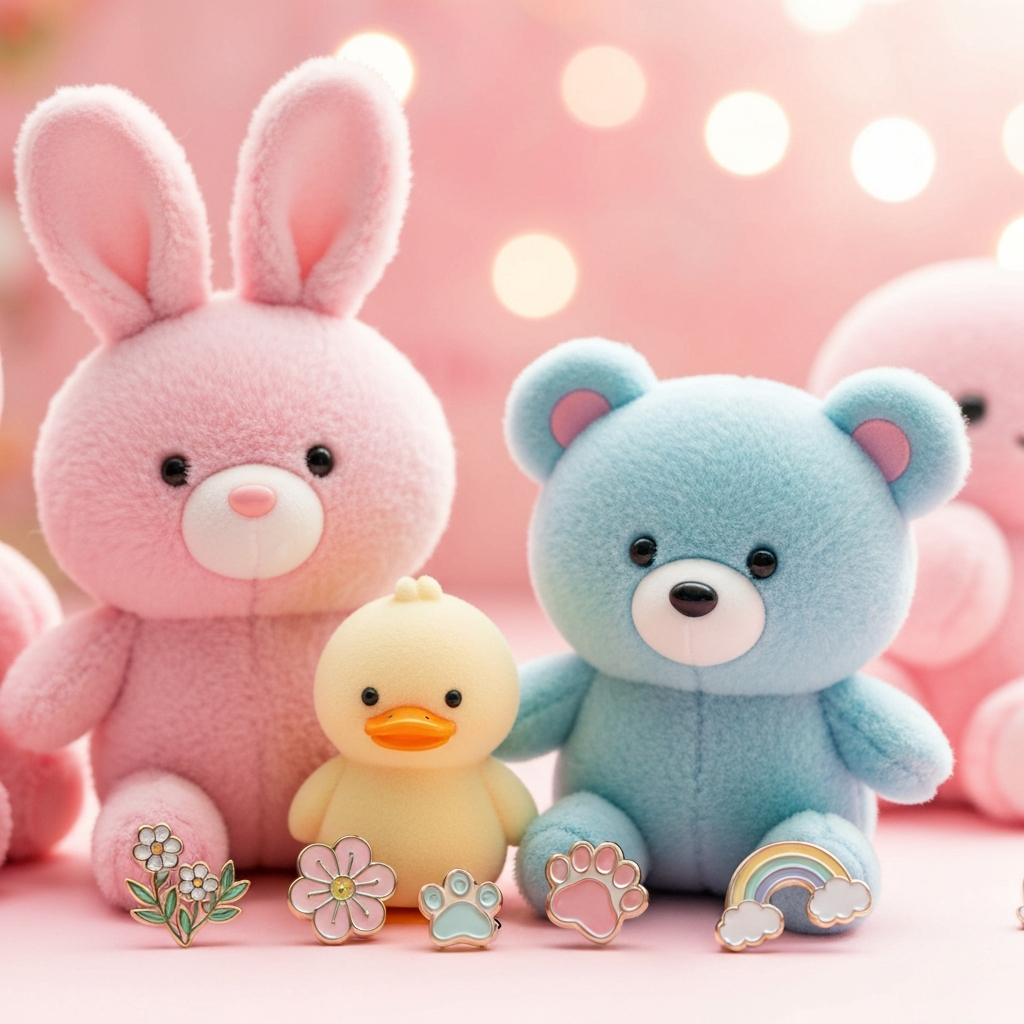 Cute pastel kawaii plush toys and enamel pins close-up