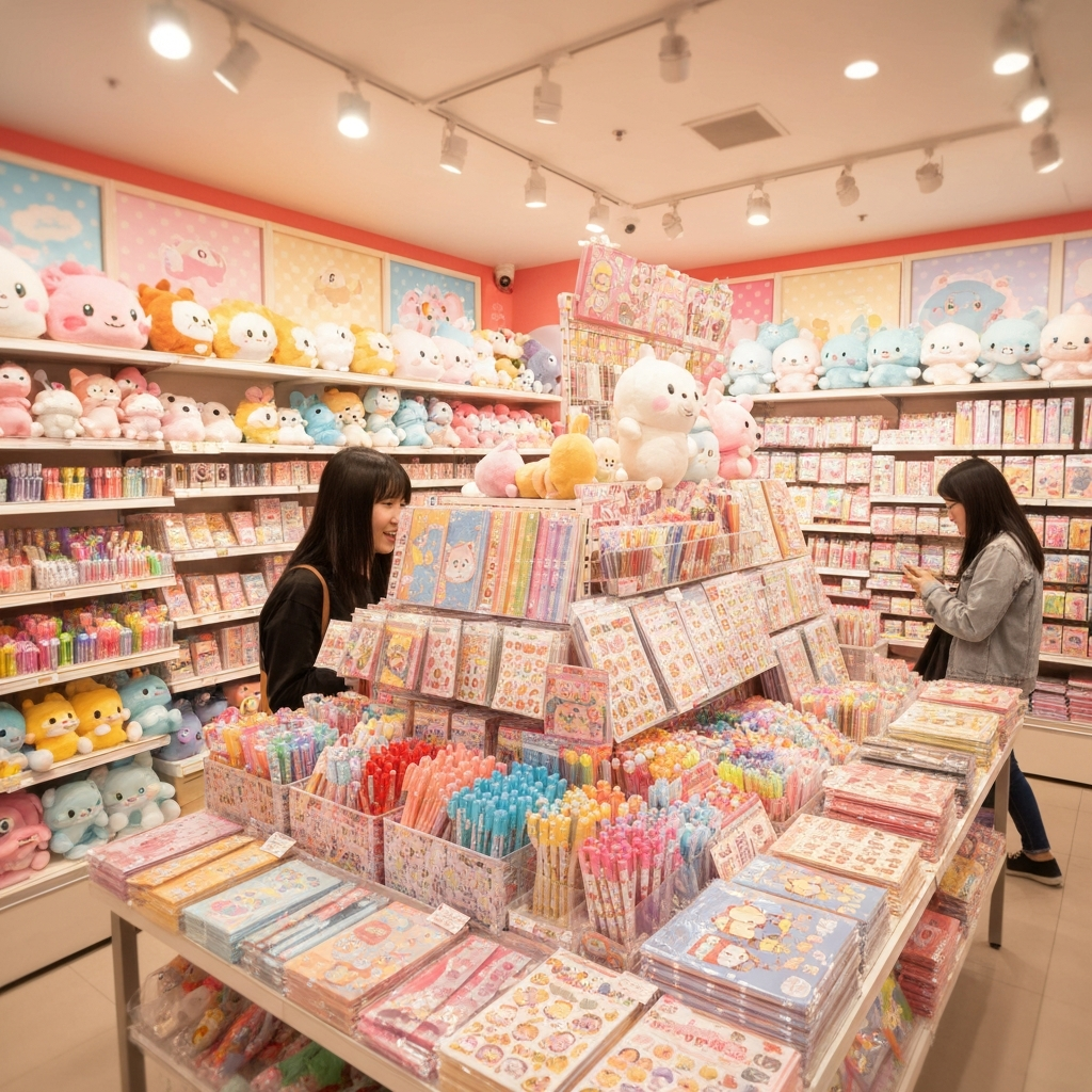Bright Japanese kawaii character goods store interior with plush shelves