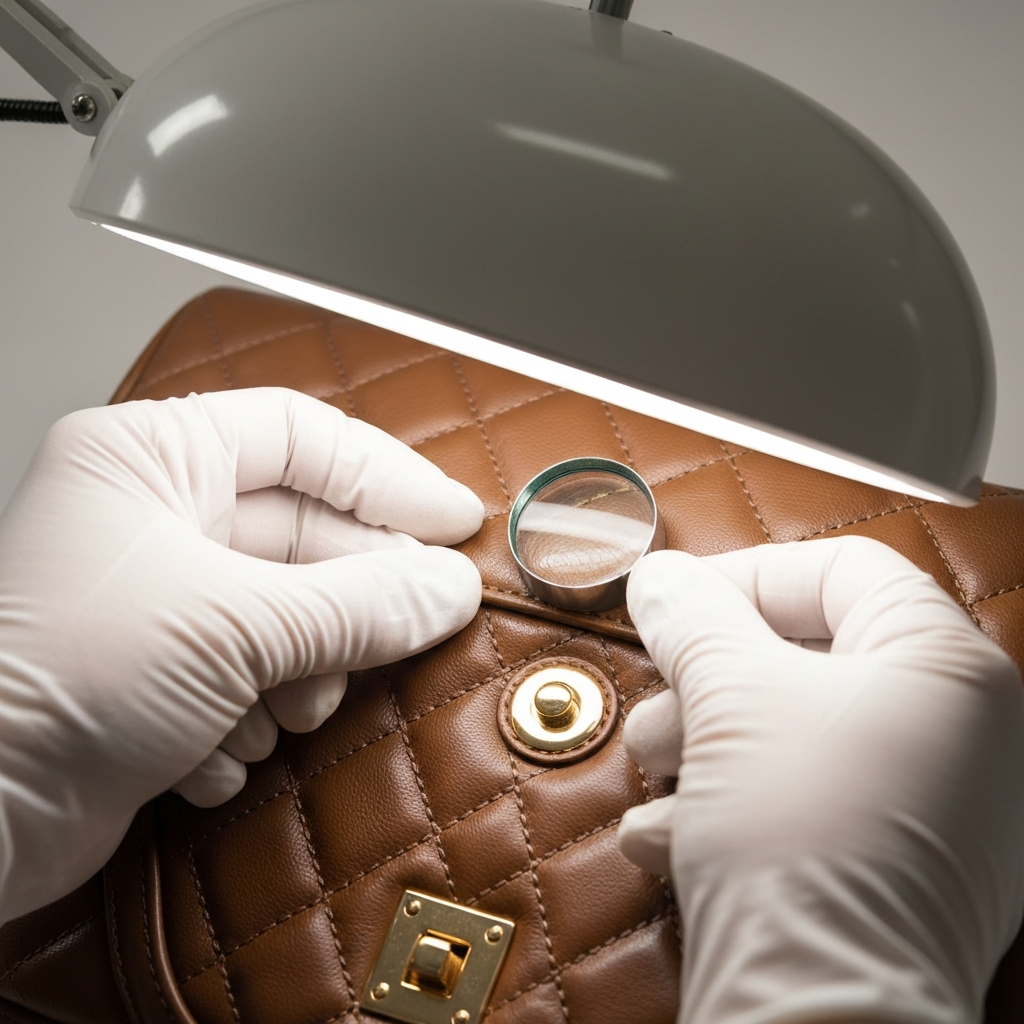 Expert inspecting luxury bag stitching and hardware for authentication