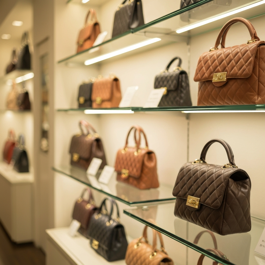 Pre-owned luxury handbags on shelves in Japanese resale boutique