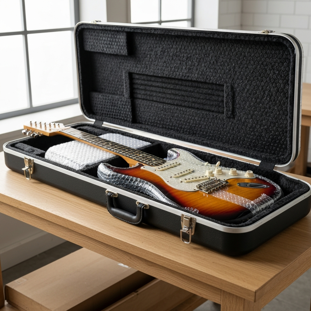 Guitar packed in padded case for international proxy shipping