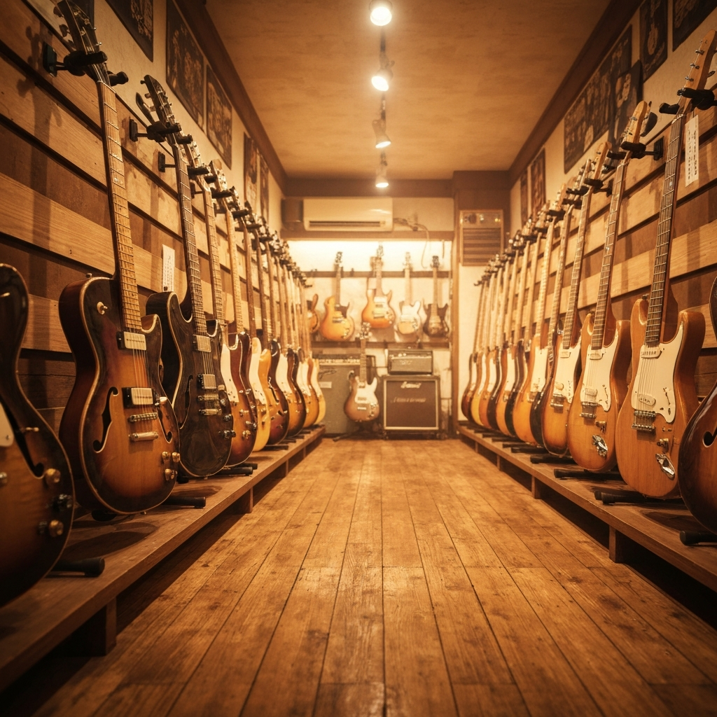 Rows of rare vintage guitars inside a Japanese guitar store