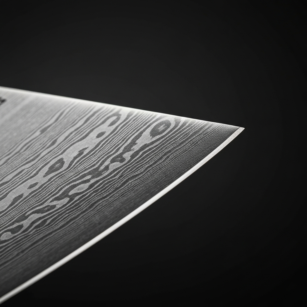 Macro close-up of a razor-sharp Japanese gyuto knife blade