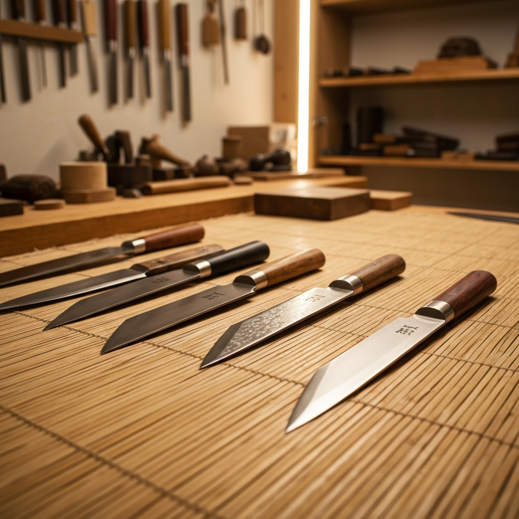 Selection of Japanese kitchen knives from top brands on bamboo mat