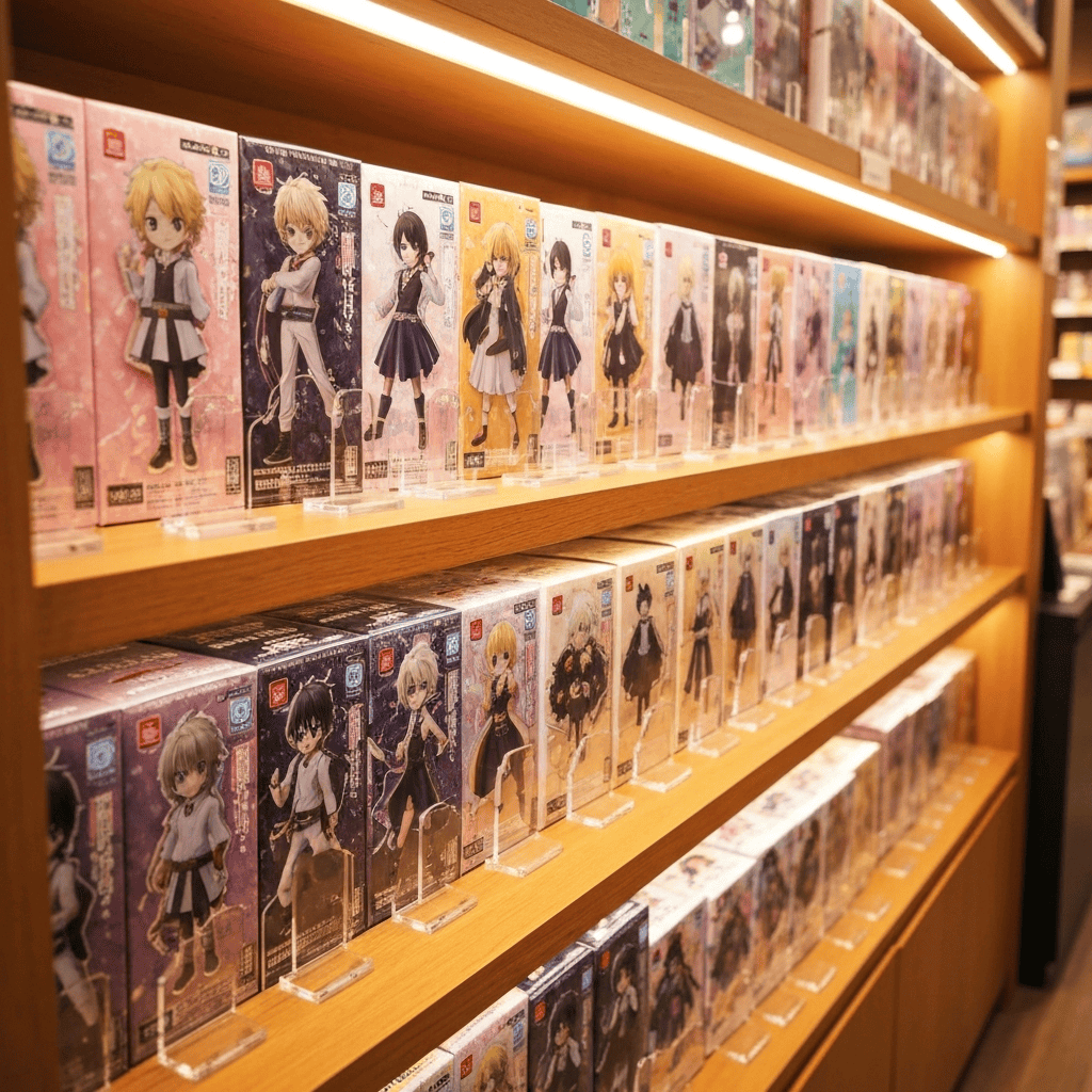 Japanese anime goods store shelves with VTuber character collectibles