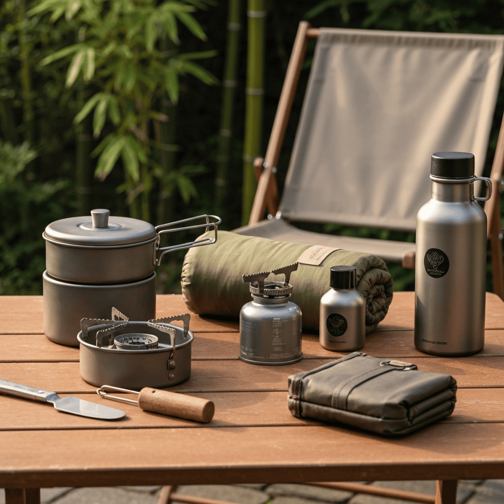 Japanese outdoor camping gear arranged on a wooden deck