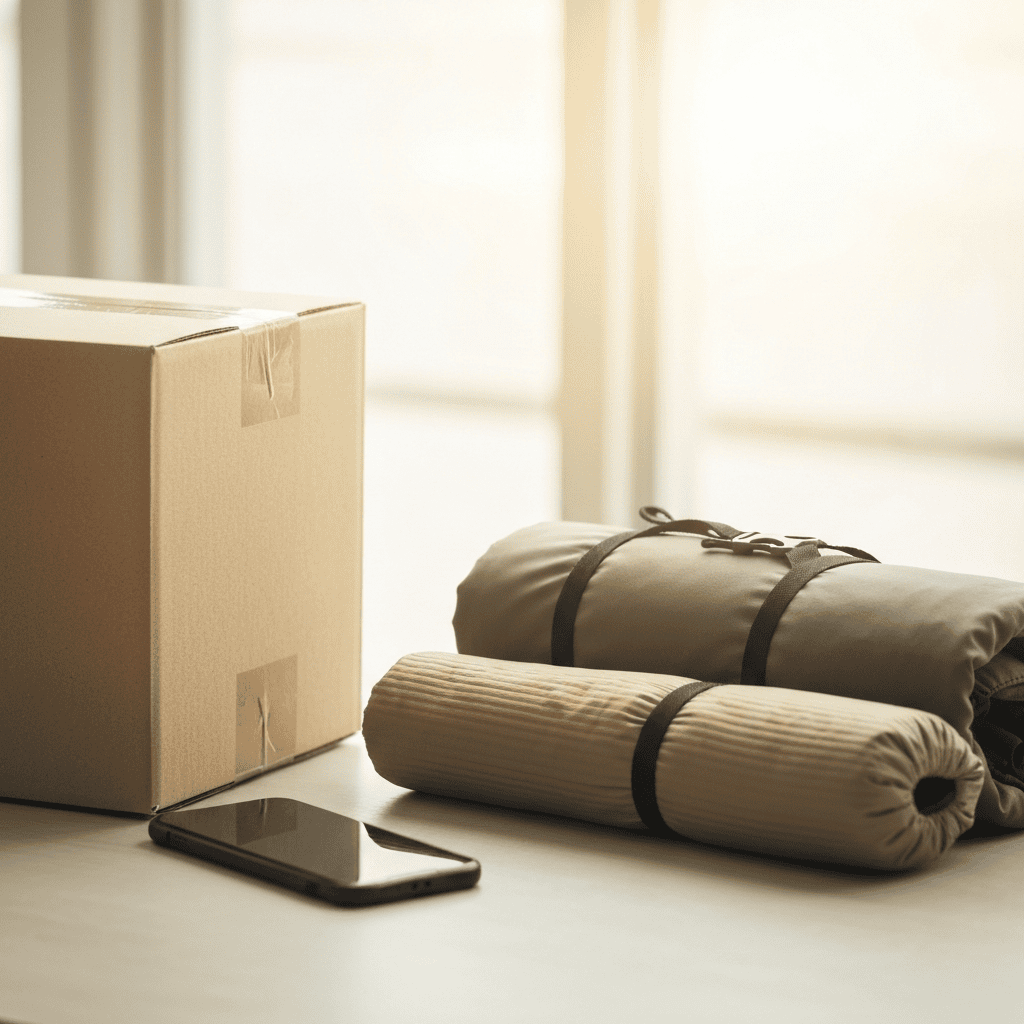Camping gear packed beside a shipping box for overseas delivery