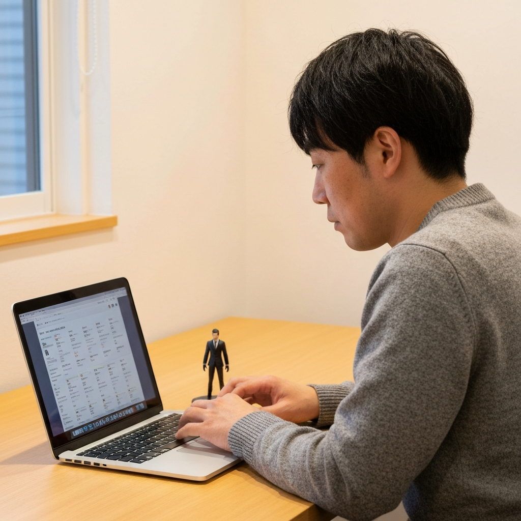 Laptop with auction listings and a Japanese collectible on a desk