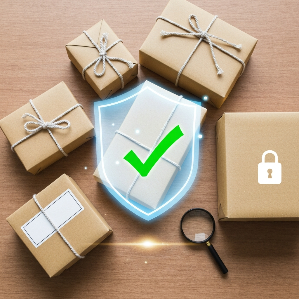 Wrapped Japanese parcels protected by a security shield and checkmark, safe proxy shopping