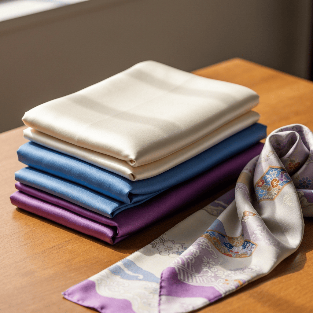Folded bolts of lustrous Japanese silk fabric and a draped silk scarf on a wooden table