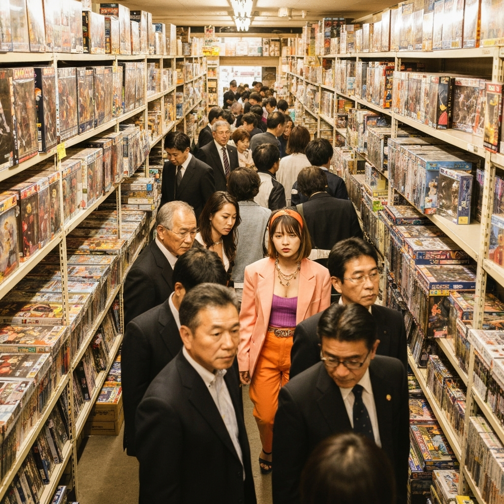 crowded Japanese secondhand collectibles store aisle packed with boxed figures and manga