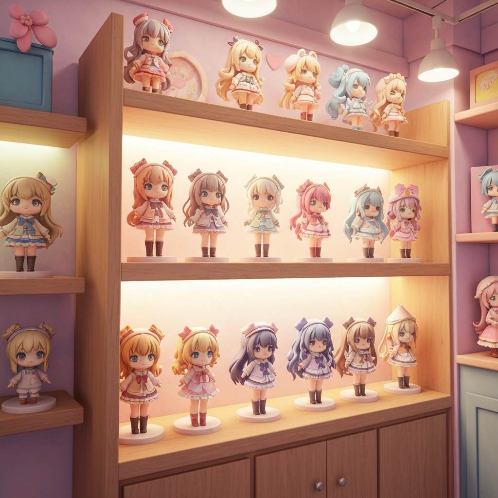 Anime figure collection display shelf in a Japanese hobby shop