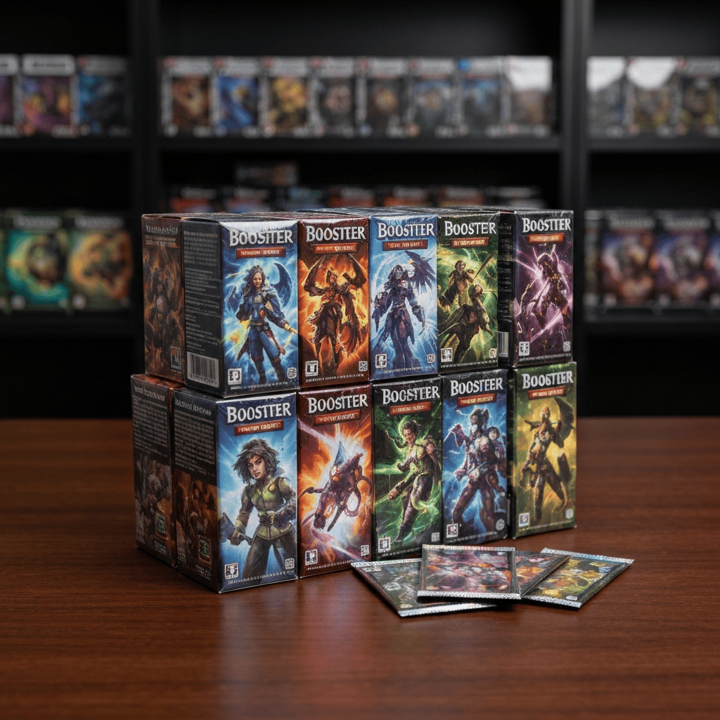 Sealed Japanese trading card booster boxes on a table under dramatic lighting