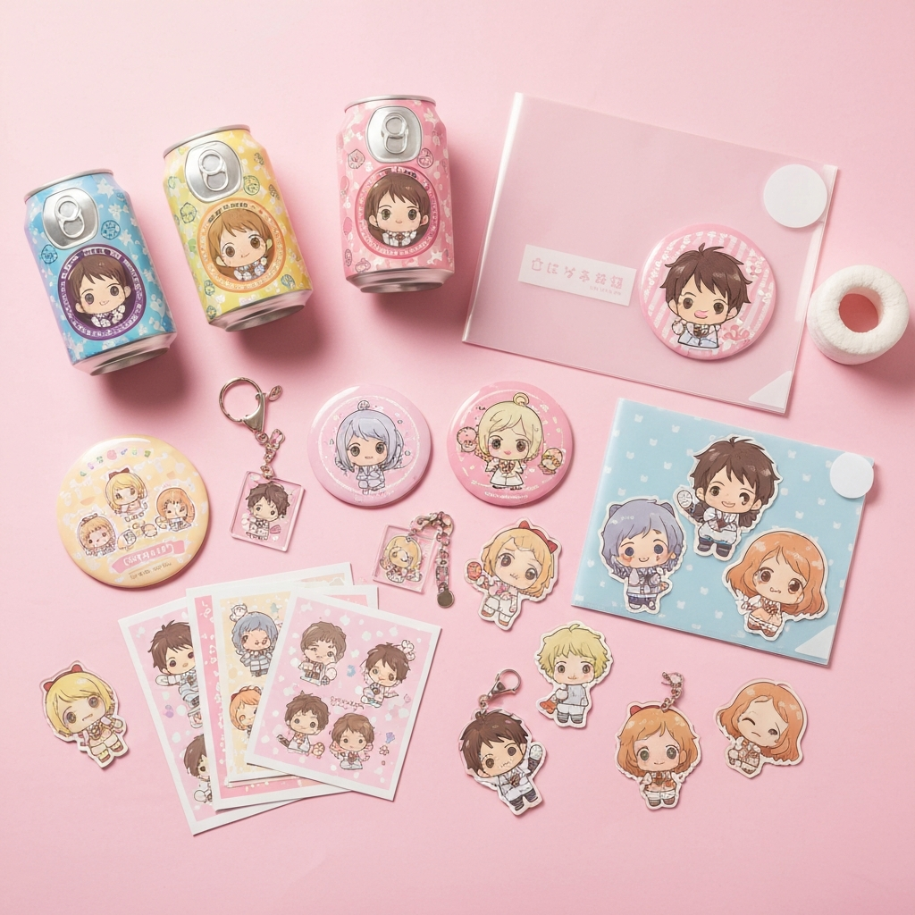 Japanese anime character goods badges keychains flat lay