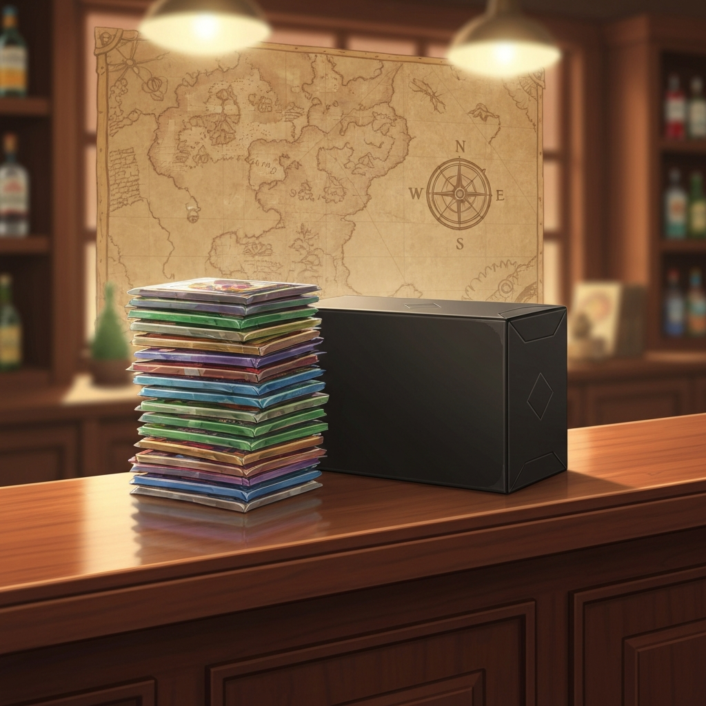 Stack of sealed trading card booster packs and a booster box on a counter, evoking a Japanese card shop
